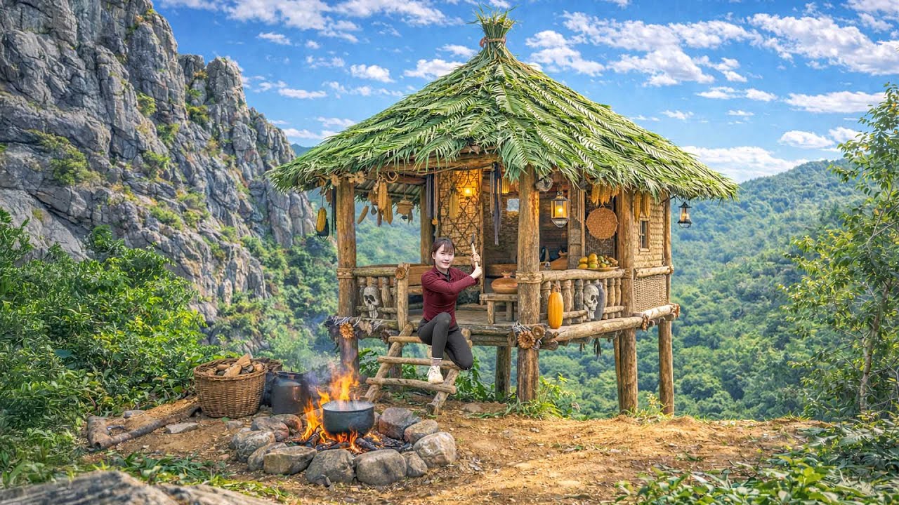 Survival in the Forest – Build a House with Wood and Bamboo on a Hill | In the Heart of Nature