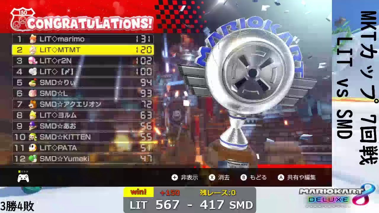 マリオカート8DX 第1回MKTカップ day2 チームLIT 4回戦 vs ZR,5回戦 vs YSN(観戦),6回戦 vs Ky,7回戦 vs SMD