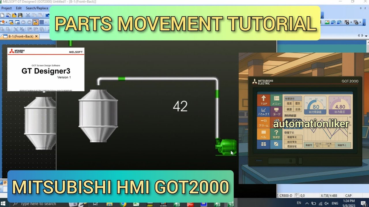 GOT2000 : Parts Movement Mitsubishi HMI GT Designer3 Water Flow Simulation | Without PLC Program