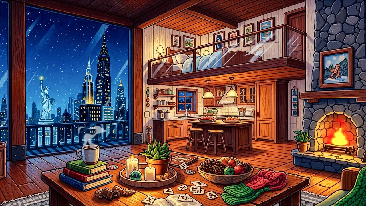 Relaxing Snowfall in New York City | Cozy Apartment with Vintage Oldies Playing in Another Room