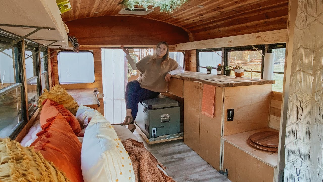 Finished Skoolie Kitchen Pt 2- It was a complete disaster - Short Bus Build - Cabinets & Plumbing