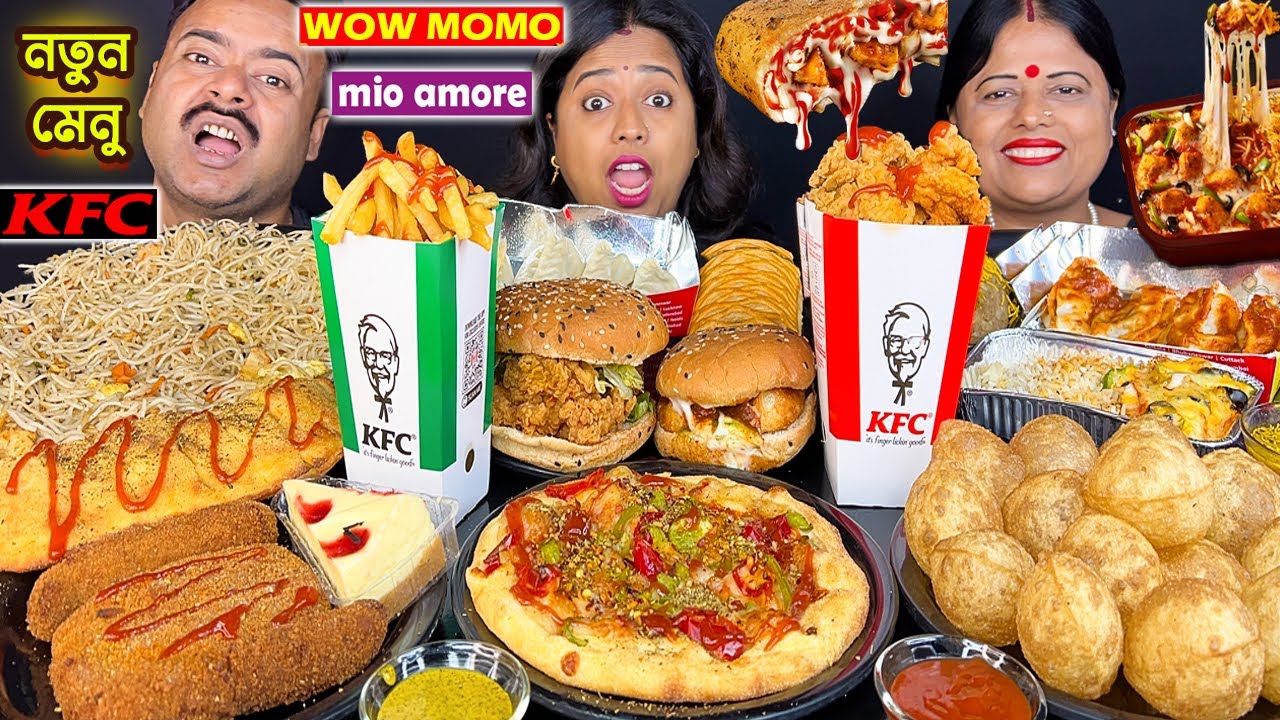STREET FOOD vs BRANDED FOOD CHALLENGE-KFC CHICKEN & DOMINOS PIZZA & WOW MOMO, NOODLES, FUCHKA EATING