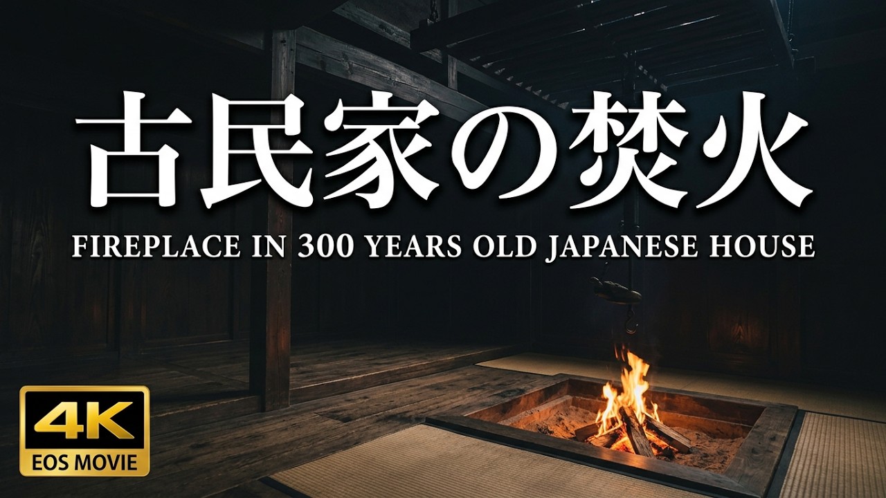 4K  築300年の古民家　囲炉裏の焚火　古時計の音、虫の声、生活音