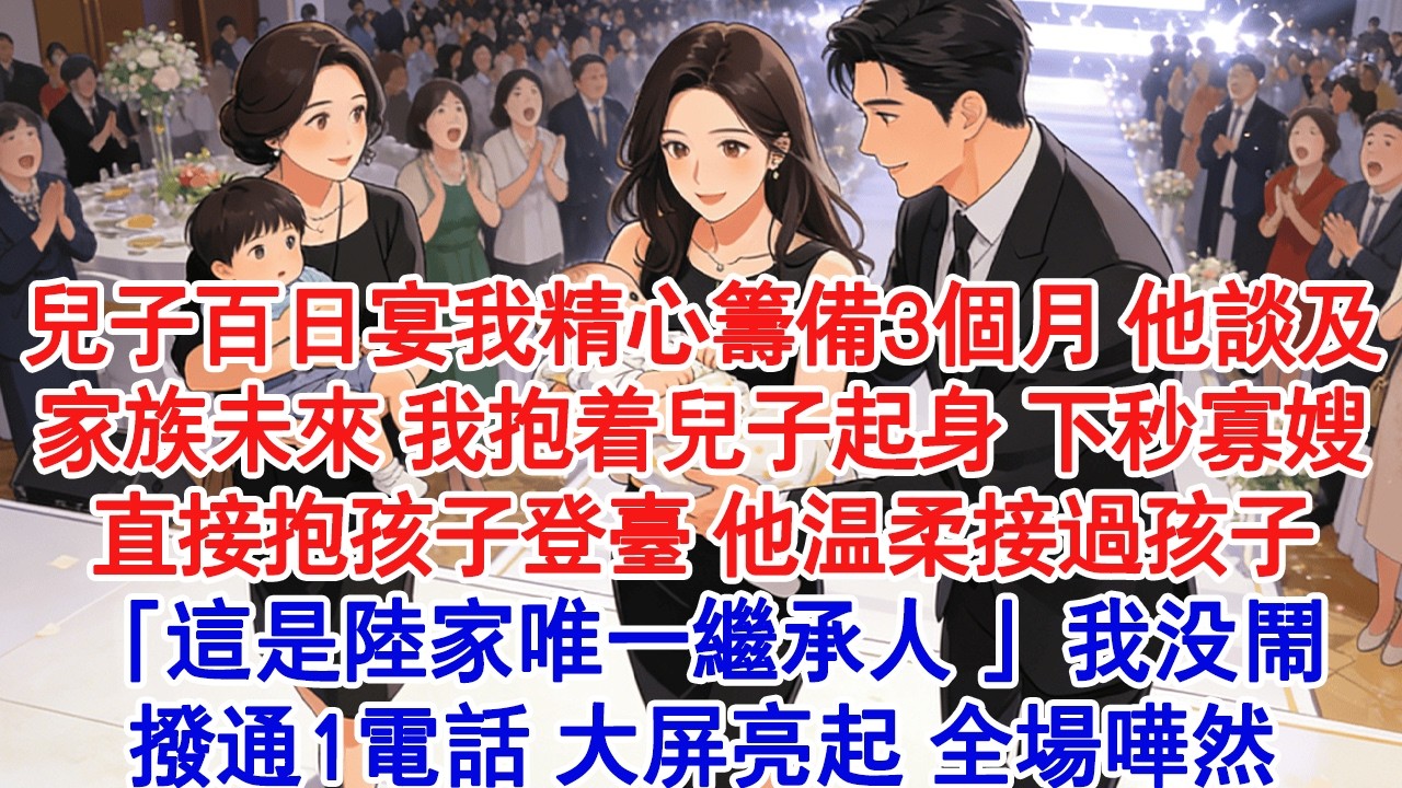 【情感故事】兒子百日宴我精心籌備3個月，他談到家族未來，我抱著兒子起身。下秒寡嫂直接抱孩子登台，他溫柔接過孩子「這是陸家唯一繼承人 」我沒鬧撥通1電話，大螢幕亮起，全場嘩然#小說 #愛情 #故事