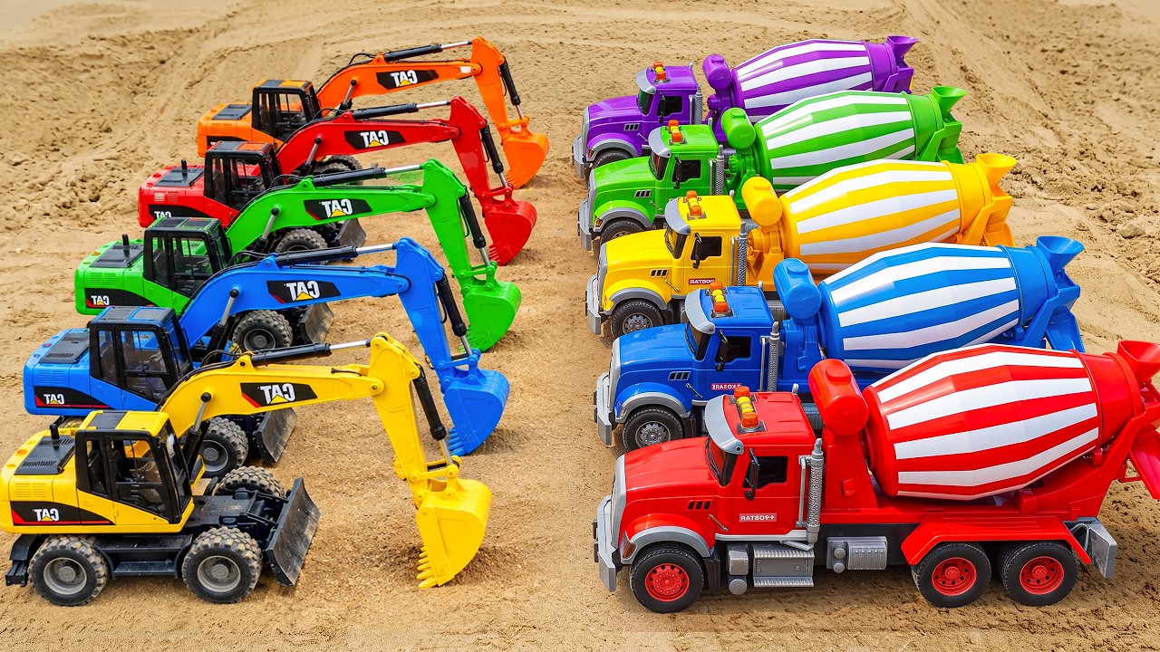 Wheeled Excavators, Digger Trucks and Concrete Mixer Trucks Face Off on Sand | Toy Cars Story