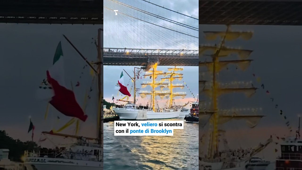 Il veliero messicano Cuauht&eacute;moc si &egrave; scontrato con il ponte di Brooklyn. #NewYork #BrooklynBridge
