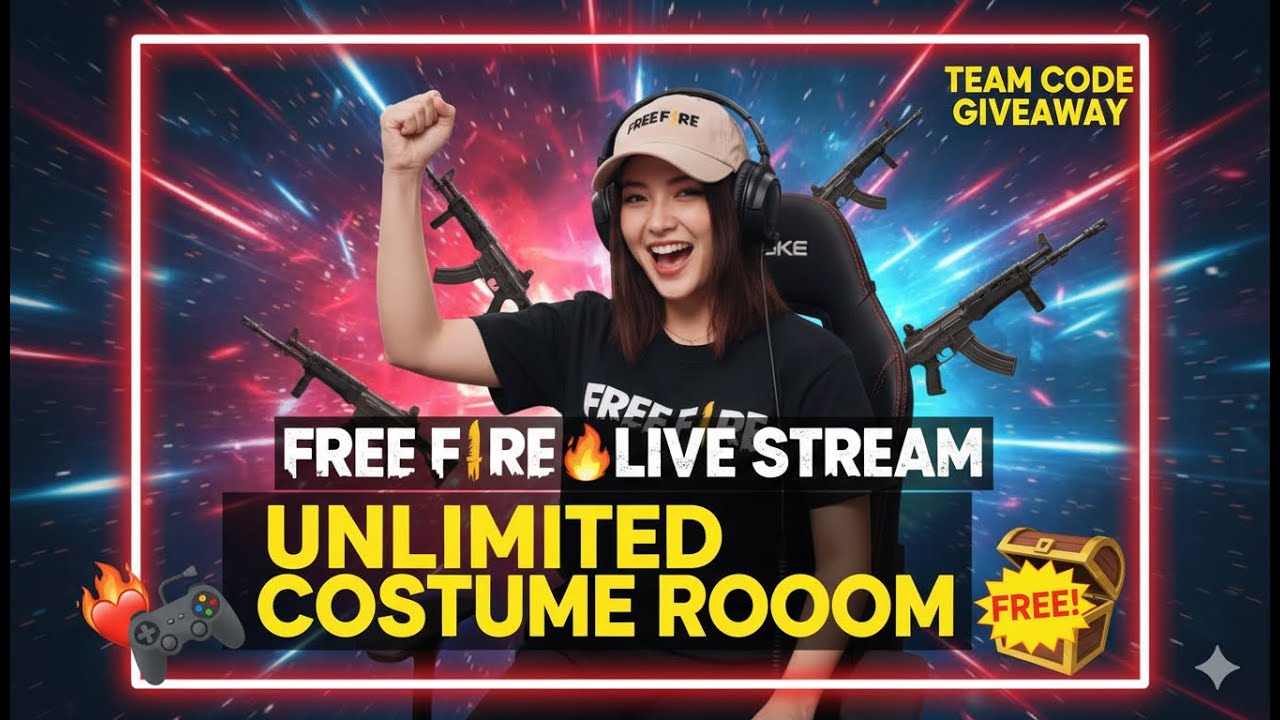 FREE FIRE LIVE STREAM 🔥||unlimited costume room & team code giveaway! 🎮💥 #ff #fflive #shortfeed