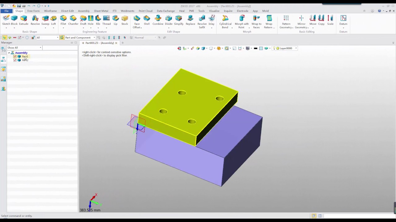 ZW3D - Create holes on a component in an assembly