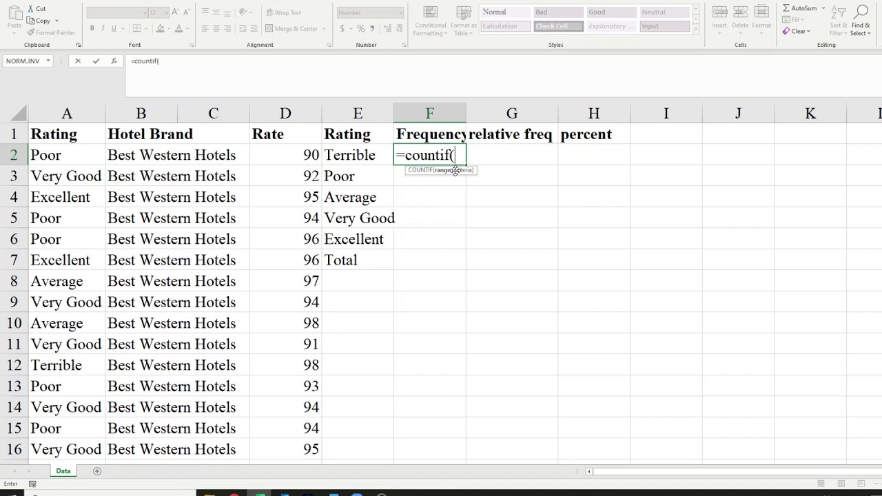 How to use excel to generate frequency distribution for Categorical data