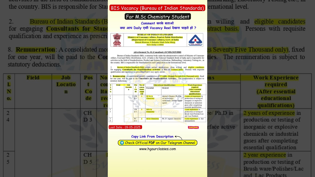 BIS Vacancy 2025 For M.Sc. Chemistry Students