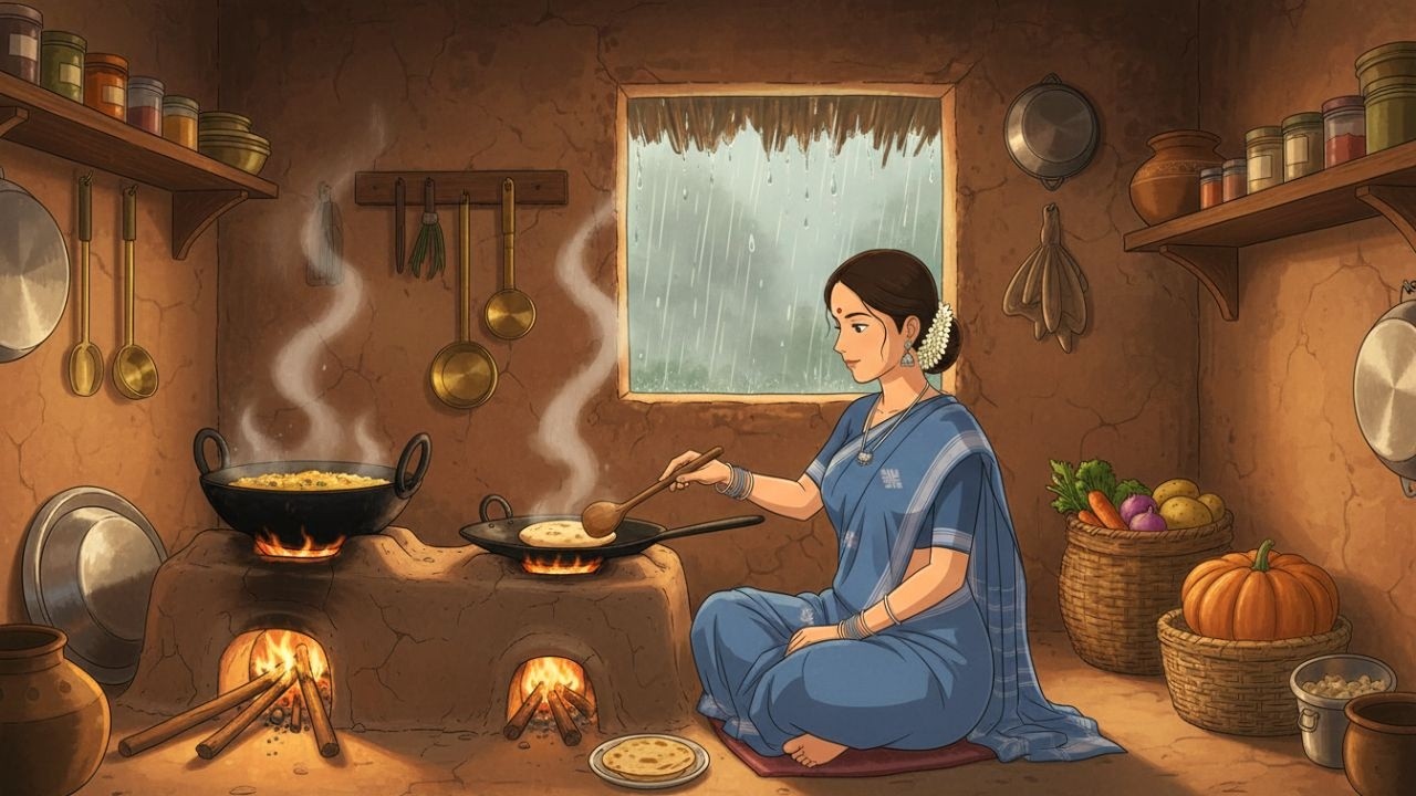 1990s Monsoon Powercut Dinner | Ghibli Style Indian Village ASMR Cooking 🌿