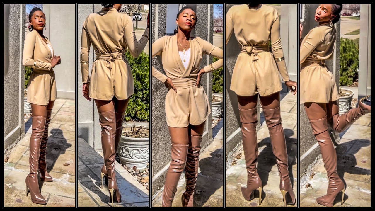 Fashionnova Public figure over the knee thigh high boots thinking of you romper @adelamonica