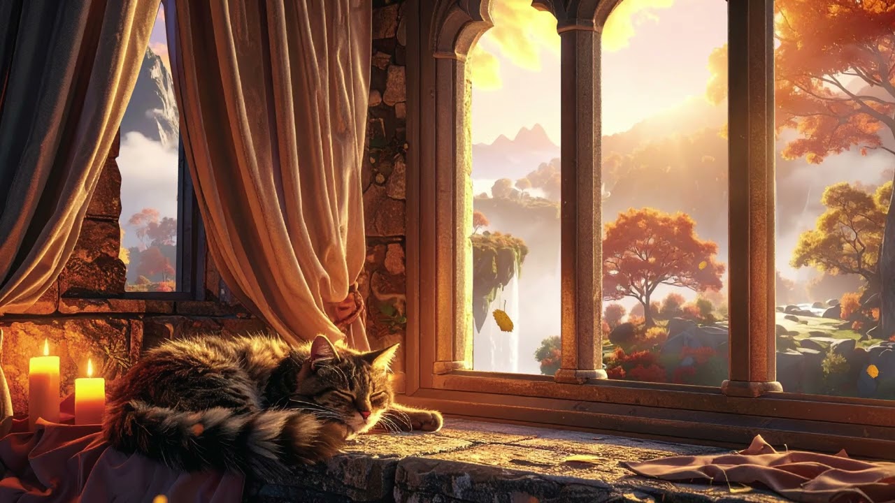 Cozy Medieval Castle Windows 🐱 Sleeping Cats & Relaxing Music | Fantasy Ambience