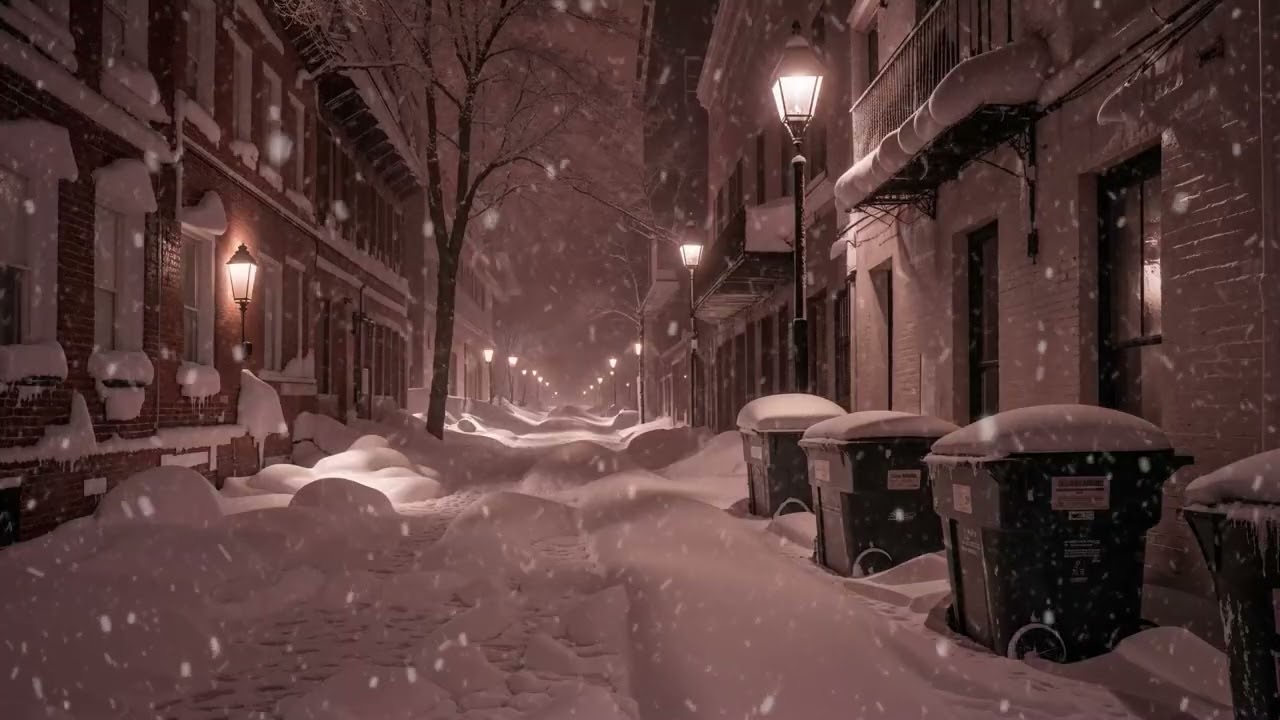 (No Ads) Peaceful Snowy Night Street  Soft Wind & Falling Snow Sounds (8 Hours)