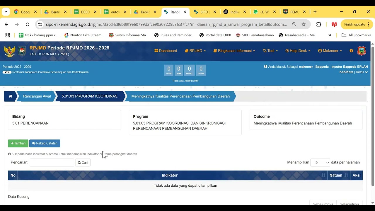 Tata Cara Pengisian Program dan Outcome serta Indikator dan pagu anggarannya pada Modul RPJMD SIPDRI