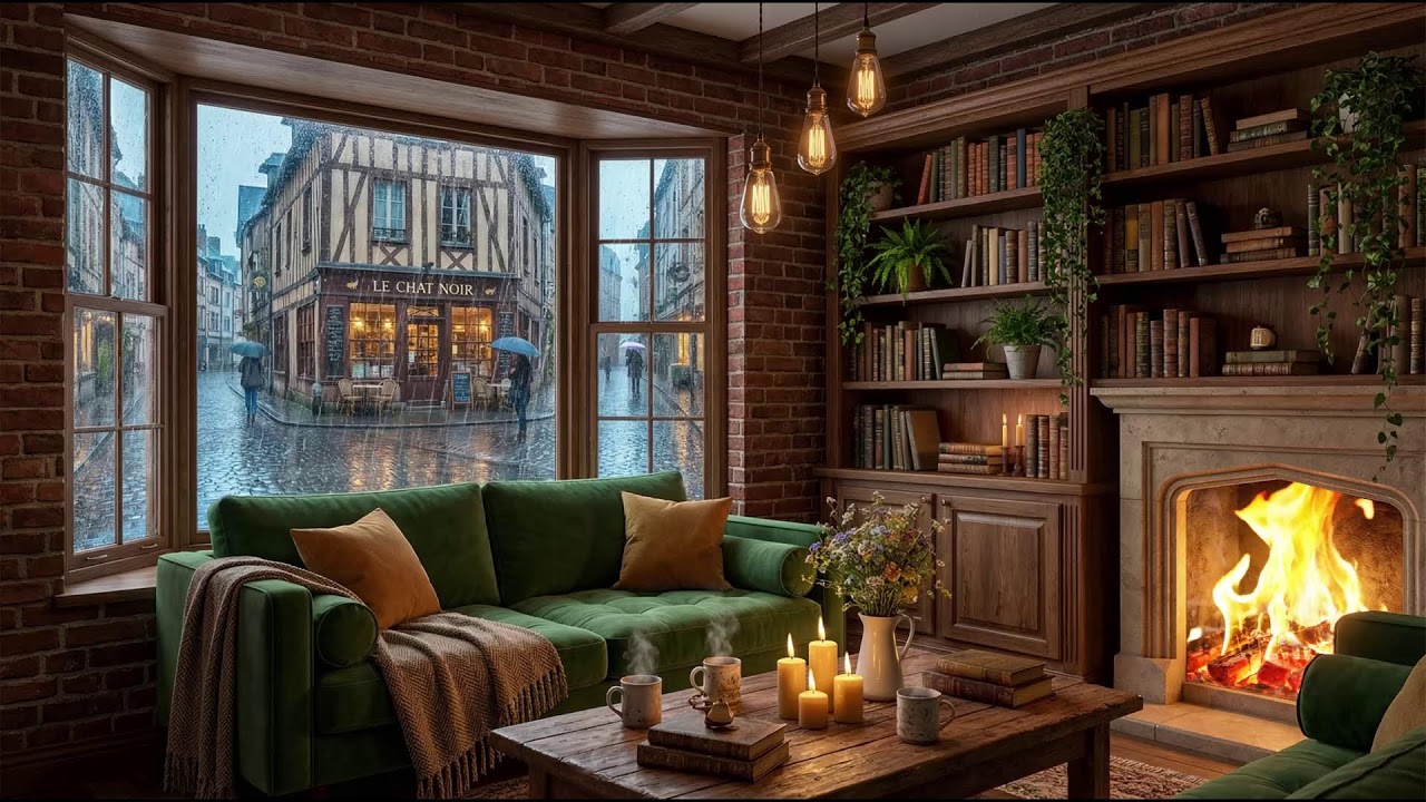 Rainy Evening in Cozy Reading Café 🌧 Fireplace Sounds for Study and Deep Sleep
