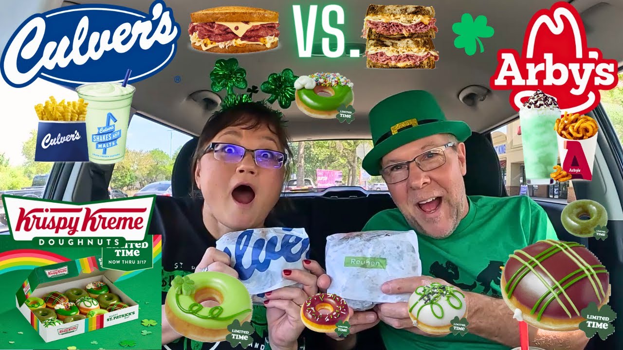 Culver's vs Arby's - Reuben Battle & Krispy Kreme Doughnuts - St. Patrick's Day - Eat With Us!