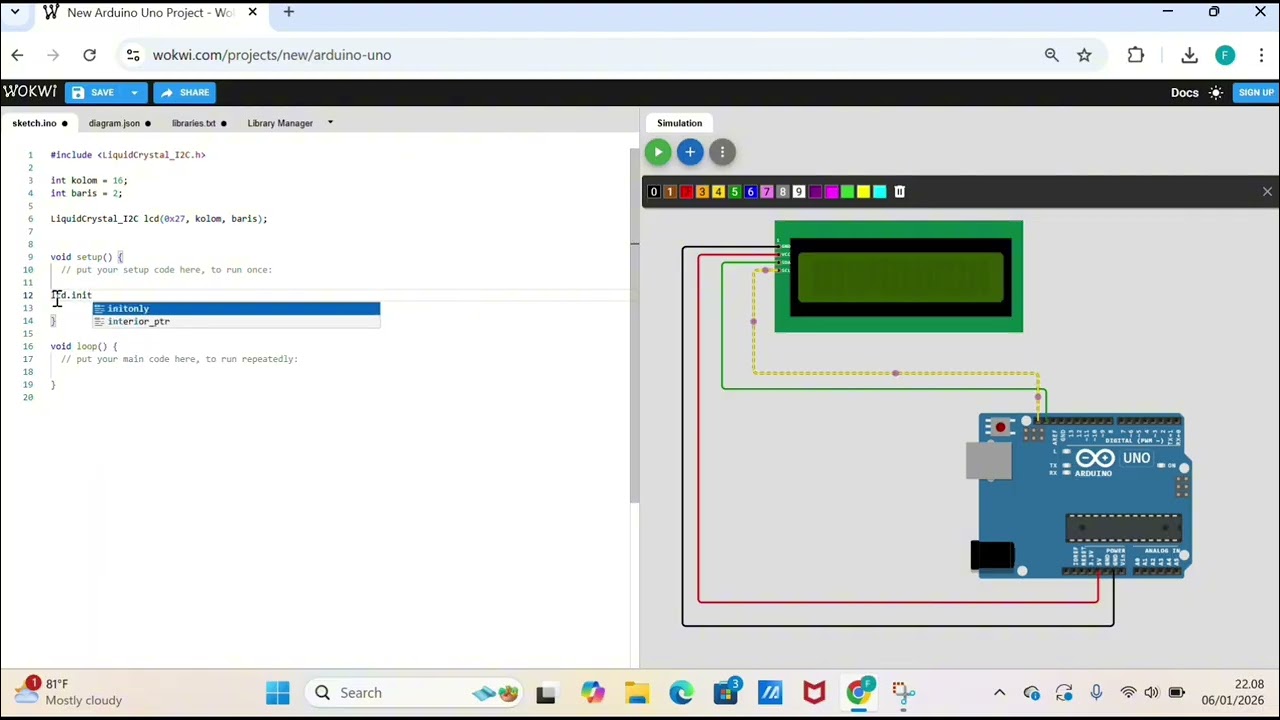 Tutorial pemograman Arduino membuat Running text  LCD I2C dengan simulator online wokwi