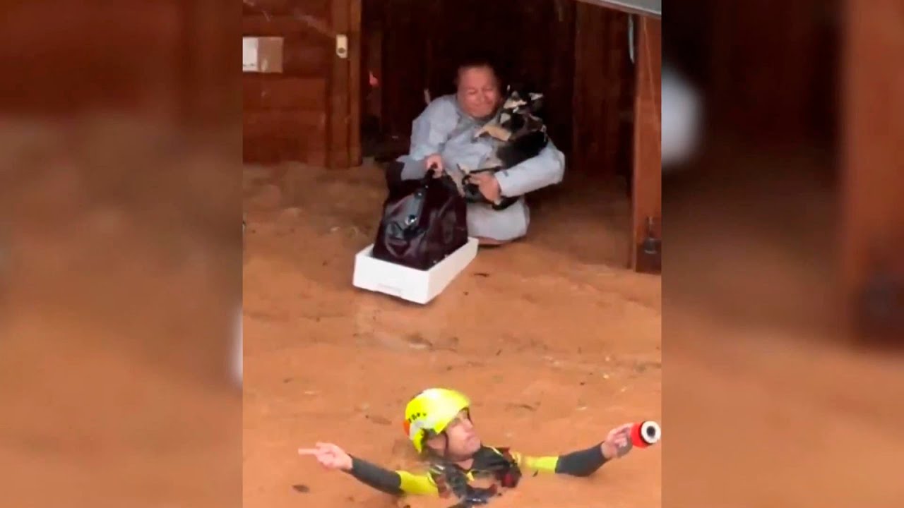 Rescatan a una mujer con sus mascotas de su casa de madera en Utiel inundada por la dana