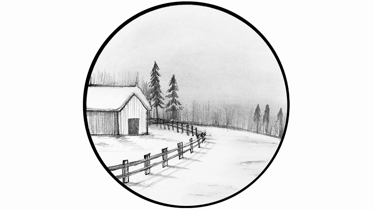 Winter Scene Pencil Sketch: Cozy Barn and Pine Trees