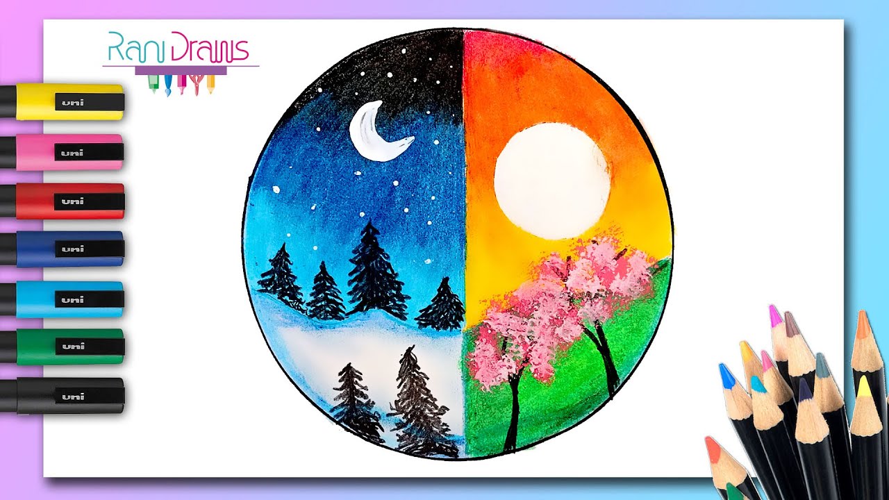 Cómo dibujar un PAISAJE DE DÍA Y NOCHE fácil - Paso a paso