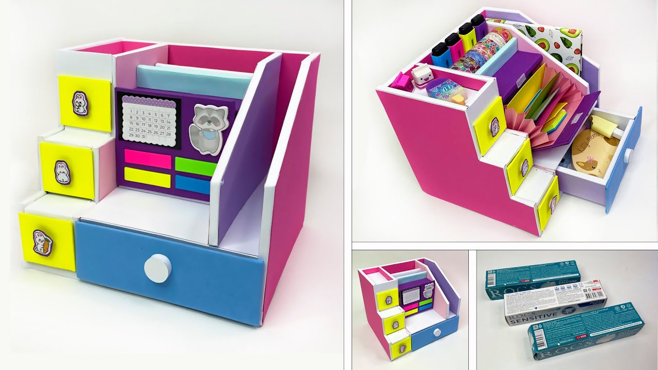 New idea // Recycling toothpaste boxes // Bright desktop organizer with drawers
