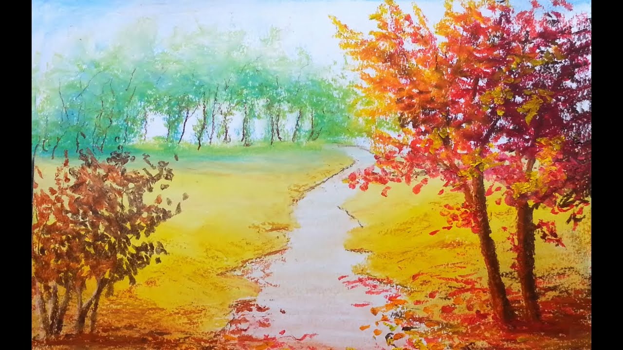 Simple Landscape - Drawing scenery using oil pastel - How to use oil pastels - oil pastel lesson
