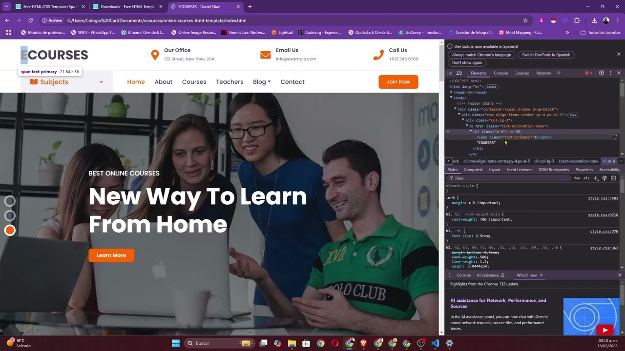 Como editar plantilla HTML, identificar los elementos y cambiarlos. Visual Code Studio. Pagina Local