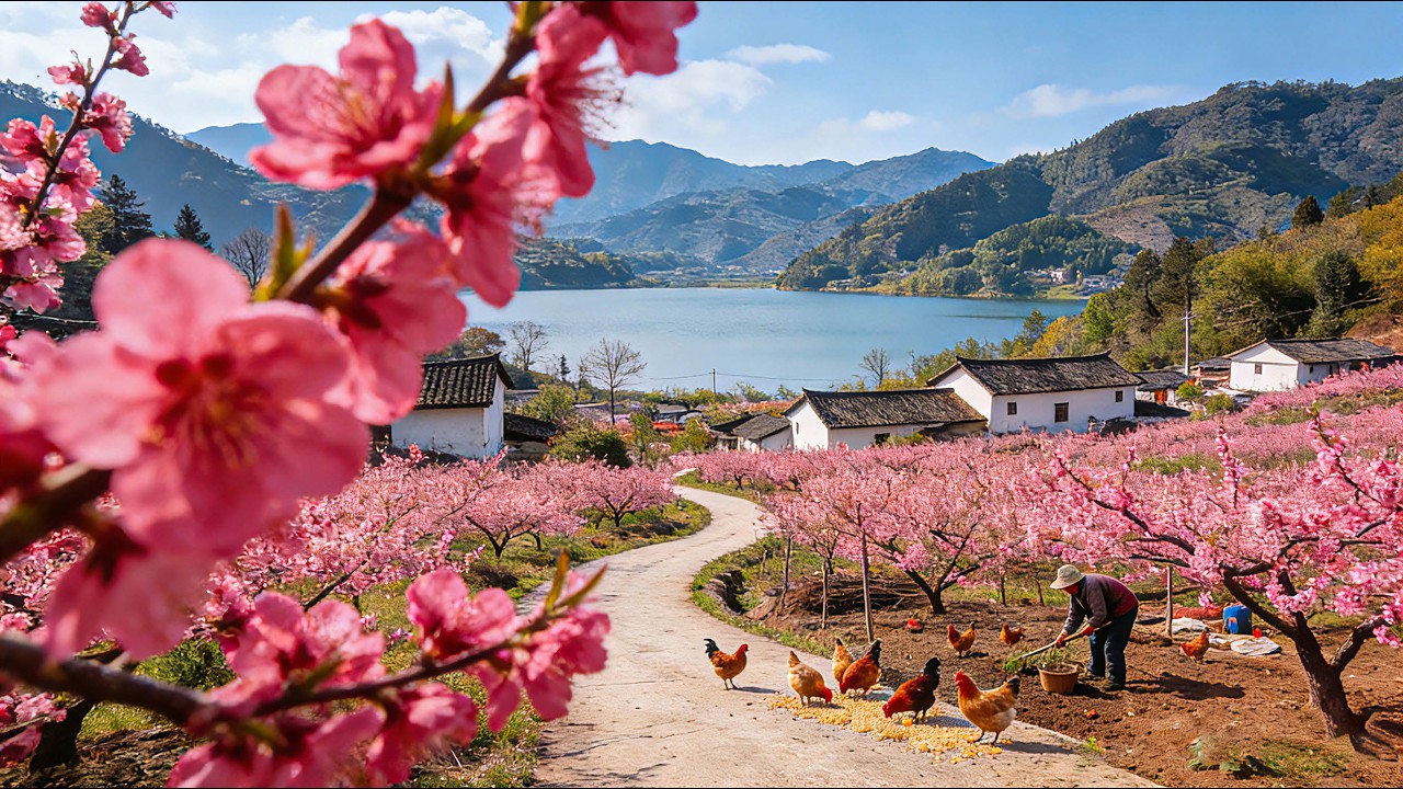 I Found A Chinese Village On A Mountain Cliff With A Massive Hidden Lake & Insane Peach Blossoms!