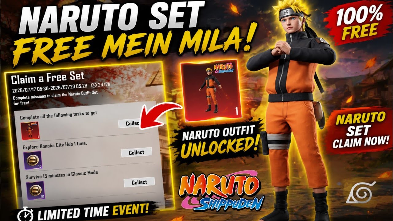 CLAIM A FREE SET BGMI EVENT / COMPLETE ALL THE FOLLOWING TASKS TO GET / BGMI ME NARUTO SET KAISE LE