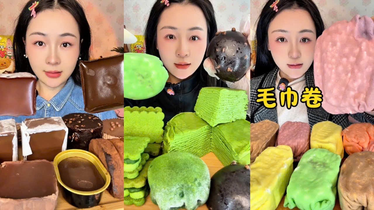 ASMR 🍰 천겹 마차 케이크, 타월 롤 케이크, 초콜릿 헤드를 먹어보세요 | Thousand Layer Matcha Cake, Towel Roll Cake, Chocolate