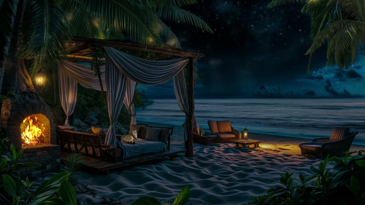 No Ads 🌙🌴 Beach Cabana Night Ambience | Firelight & Calm Sea Sounds to Relax & Unwind