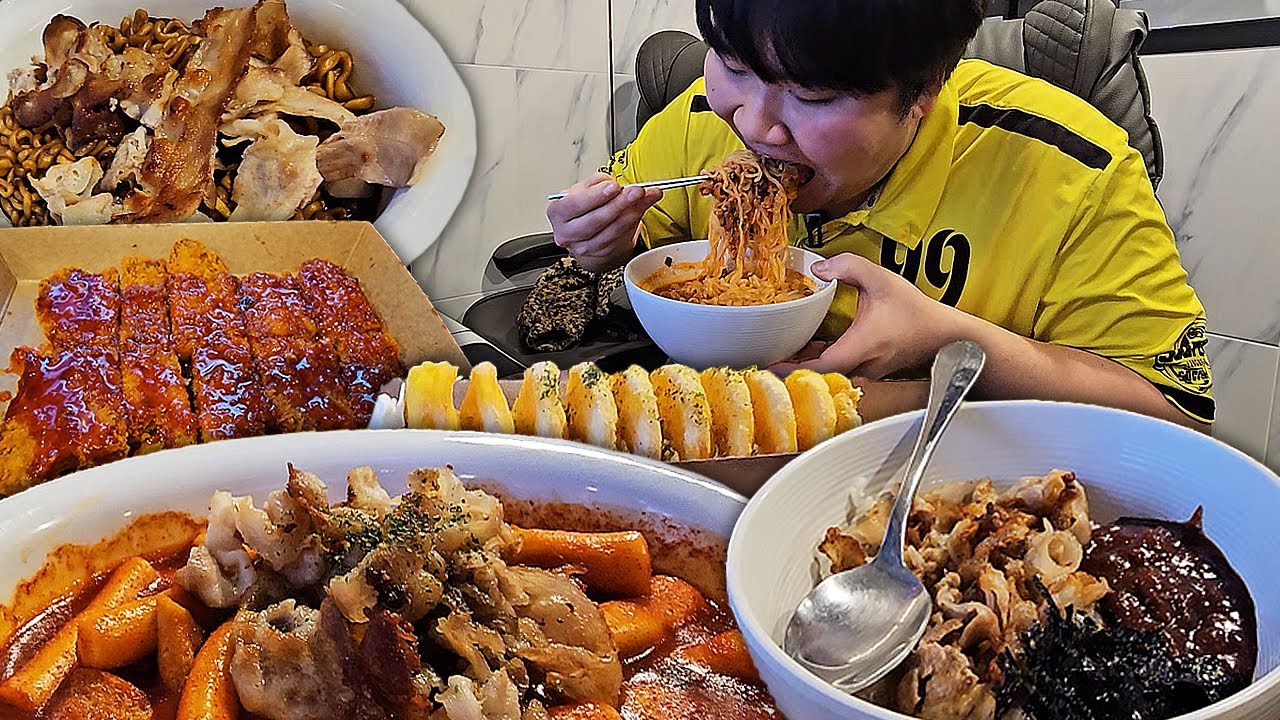 12시간 굶고 PC방에서 대패삼겹짜파게티,우삼겹김치찌개라면,대패삼겹핫떡볶이,대패삼겸살덮밥 외 후식으로 회오리감자까지 먹방!! [ RAMYUN MUKBANG ]