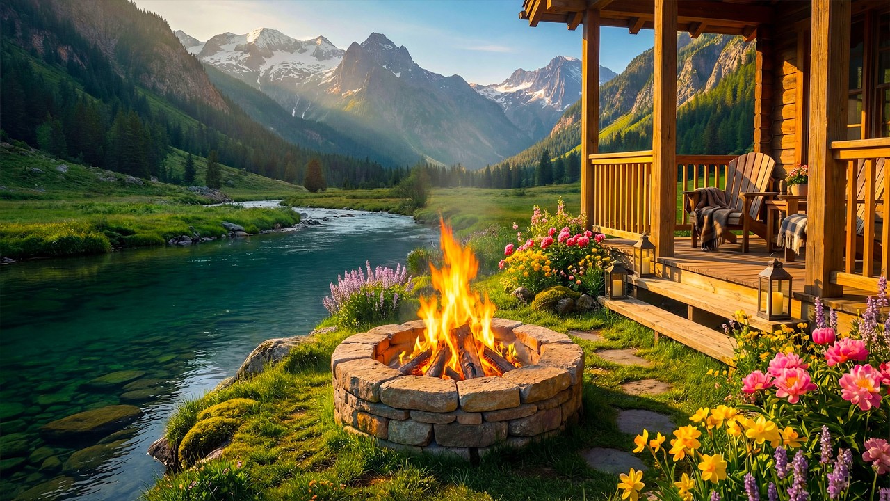 Cozy Spring Mountain Riverside Cabin Ambience 🔥🌸 Campfire, Relaxing River Sounds & Nature Sounds