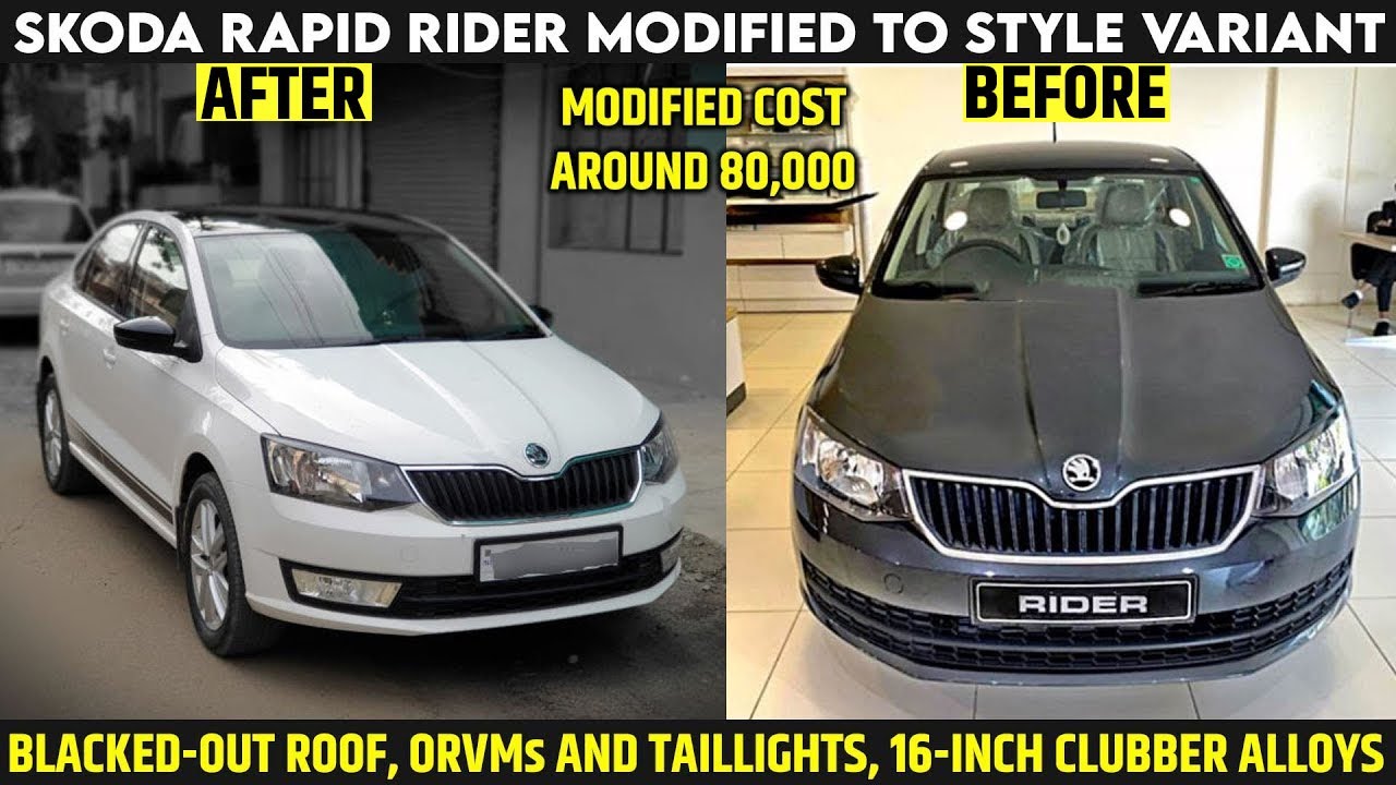 Skoda Rapid Rider Modified To Style Variant | Blacked-out roof, ORVMs And Taillights,16-inch Alloys