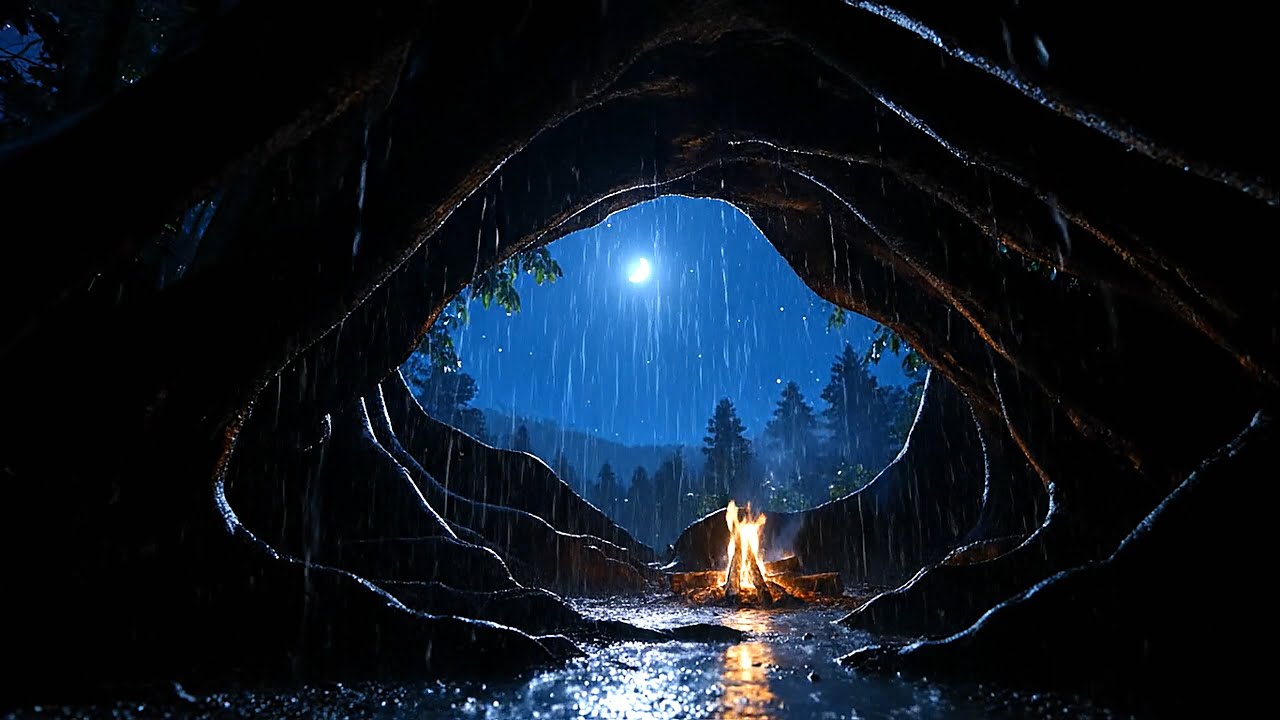 POV: Hidden Under Giant Tree Roots 🌧️ Night Forest Rain + Campfire | Deep Sleep & Anxiety Relief
