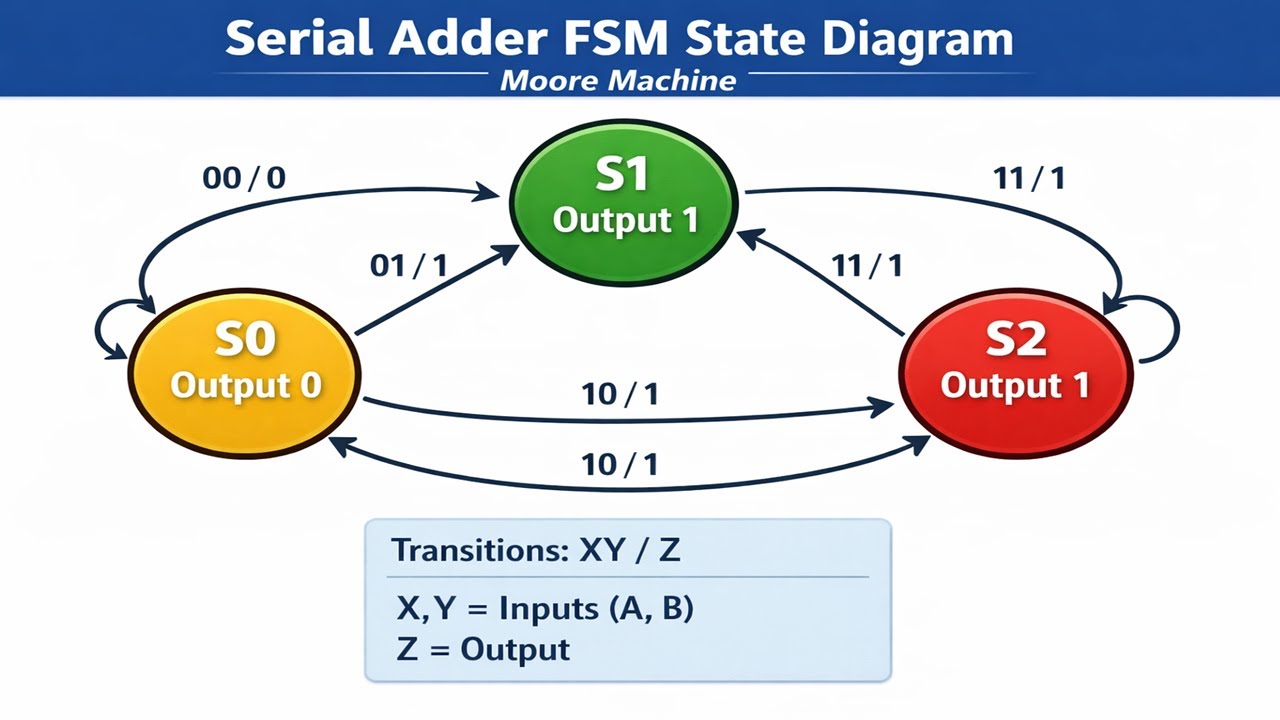 Serial Adder State Diagram Using Moore FSM | Digital Electronics | VLSI