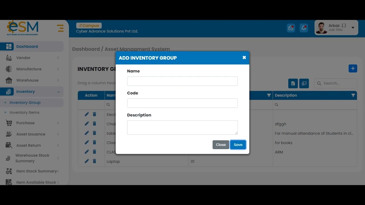 Asset Management Module | eSM Electronic School Management | Cyber Advance Solutions