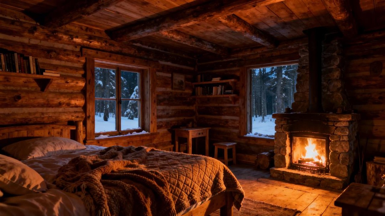 Cozy Cabin at Night ❄️ Fireplace Crackling & Soft Piano | Sleep Ambience