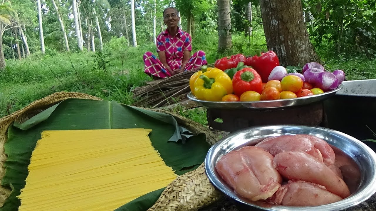 Spaghetti Recipe ❤ cooking Spaghetti with Chicken in my Village by Grandma