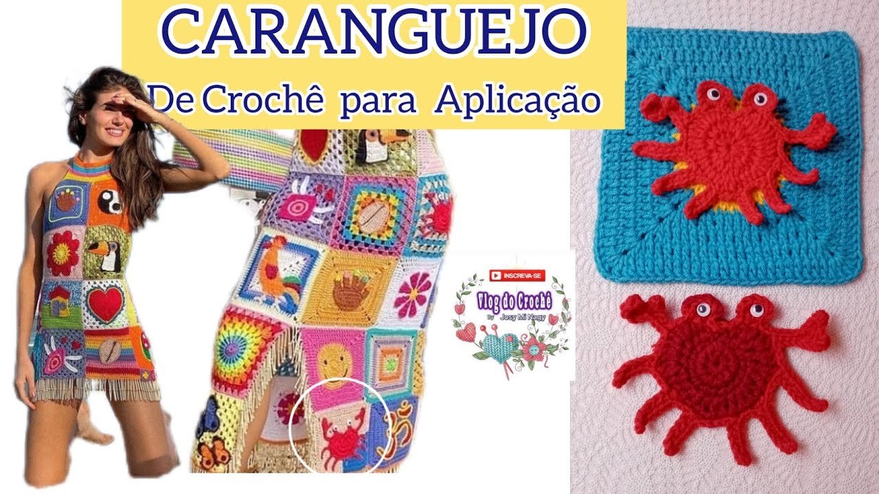 🦀CARANGUEJO DE CROCHÊ  PARA APLICAÇÃO #SQUARE_CRAB #VESTIDO_CAMILA_QUEIROZ #DAKARINE #VLOG_DO_CROCHÊ