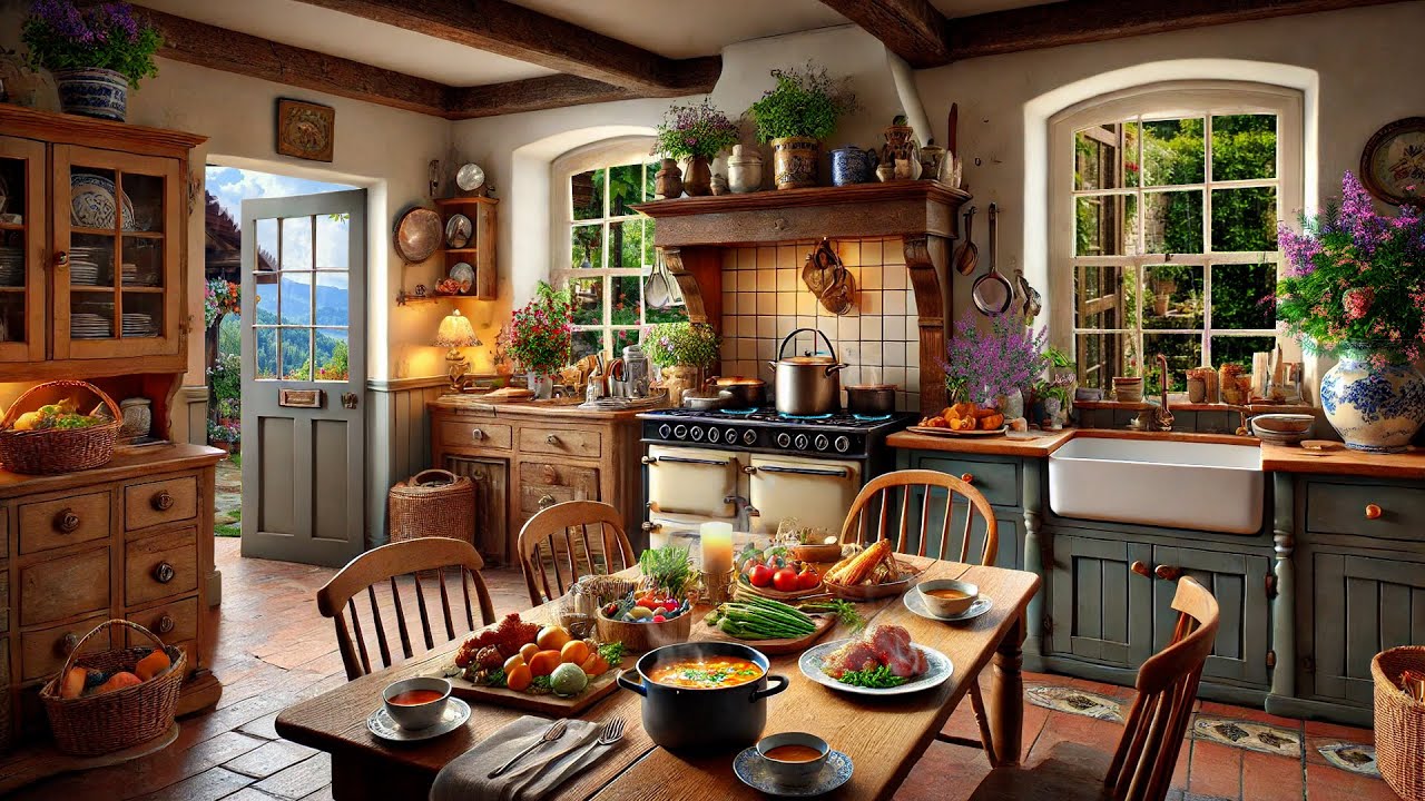 Cozy Rural Kitchen Ambience in Spring Cooking Sounds with Rain Thunderstorm and Fireplace Sounds