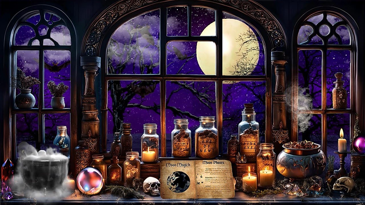 ENCHANTED WINDOW -WITCH MAGIC SPELL BOOK AMBIENCE- BUBBLING CAULDRON-FULL MOON-FLYING BATS-CANDLES