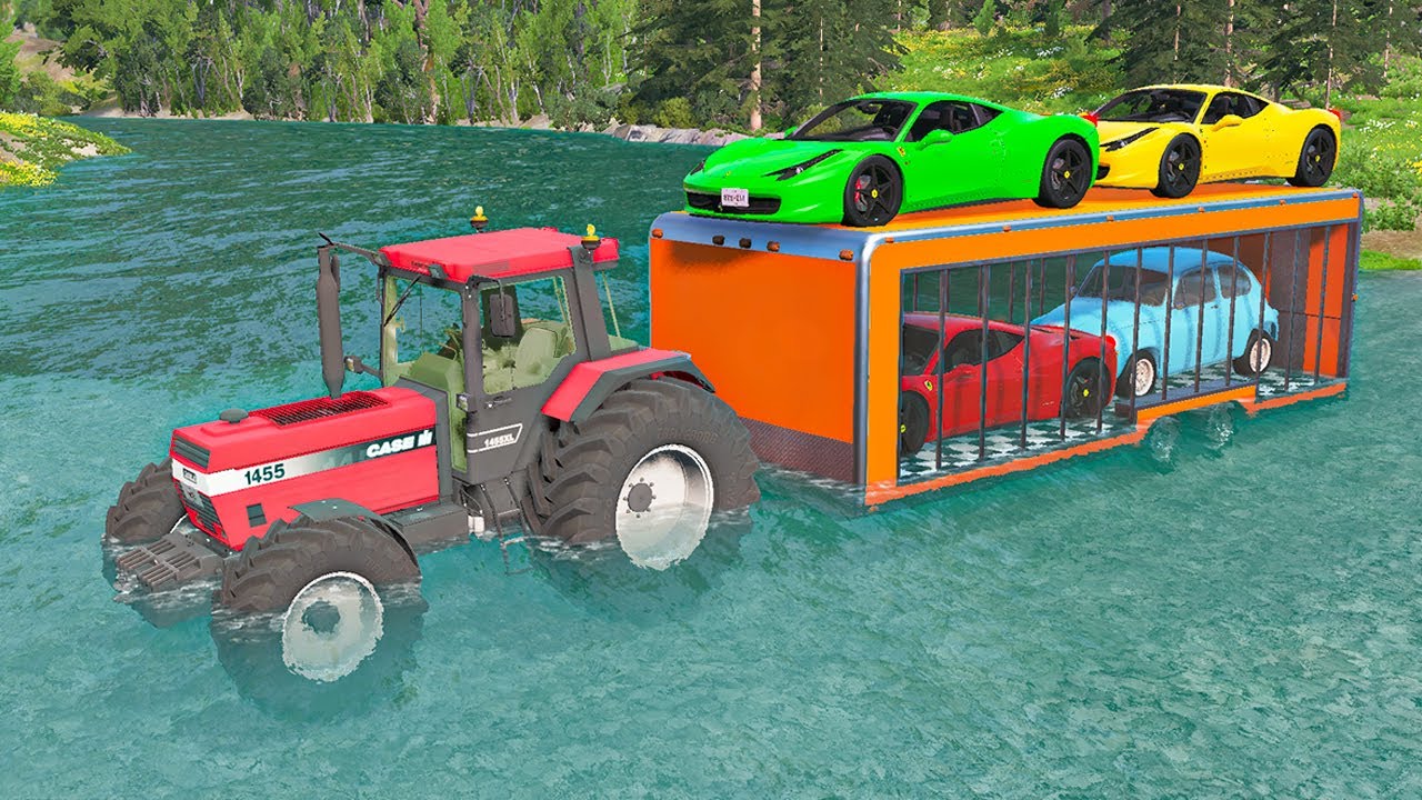 Clear Trailer Tractor Double Speed Bumps Car Rescue - Cars vs Deep Water - BeamNG.Drive