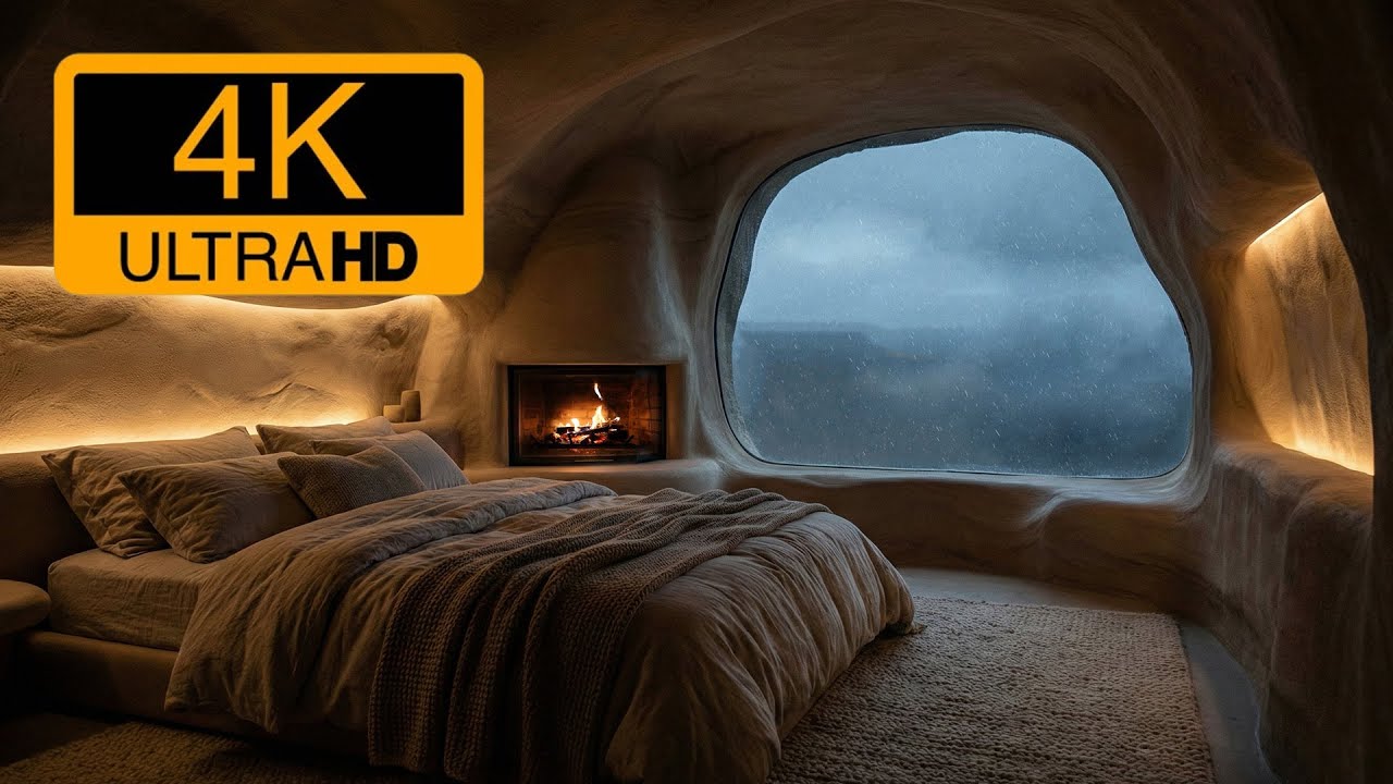 Дождливая пещерная спальня атмосфера 🌧️🔥 Пылесос + камин для глубокого сна и концентрации