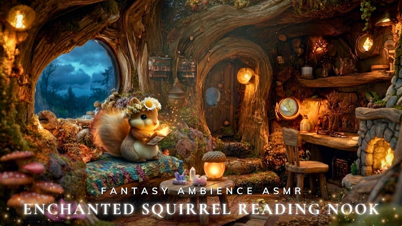 Enchanted Squirrel Reading Nook 🐿️✨ Fantasy Ambience, Fireplace Sounds & Nature ASMR for Calm Focus