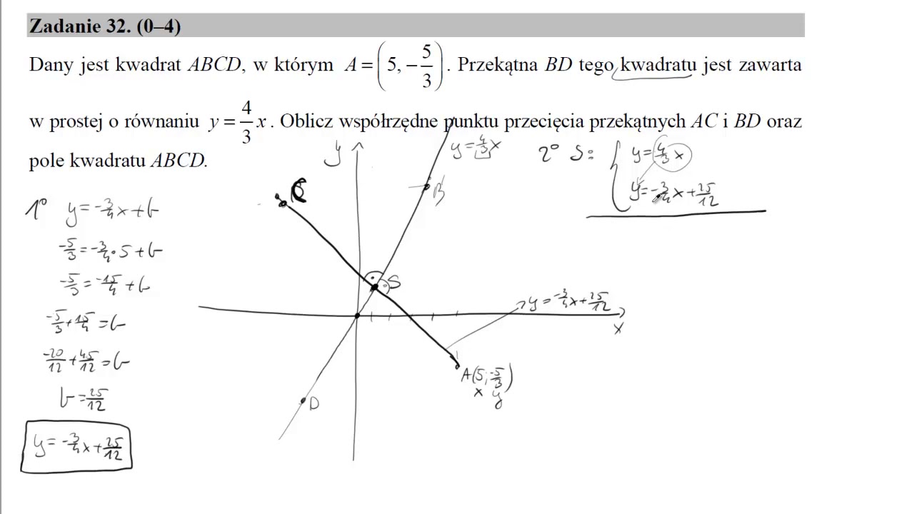 32 Dany jest kwadrat ABCD, w którym A=5,−53  Przekątna BD tego kwadratu jest zawarta w prostej o rów