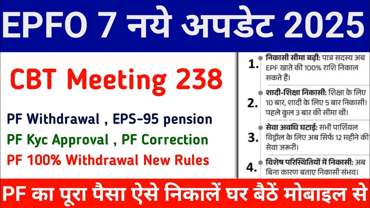PF का 7 बड़े अपडेट ✅CBT MEETING 238 !!  करोड़ों PF मेंबर बड़ा फायदा | PF Withdrawal New Rules 2025