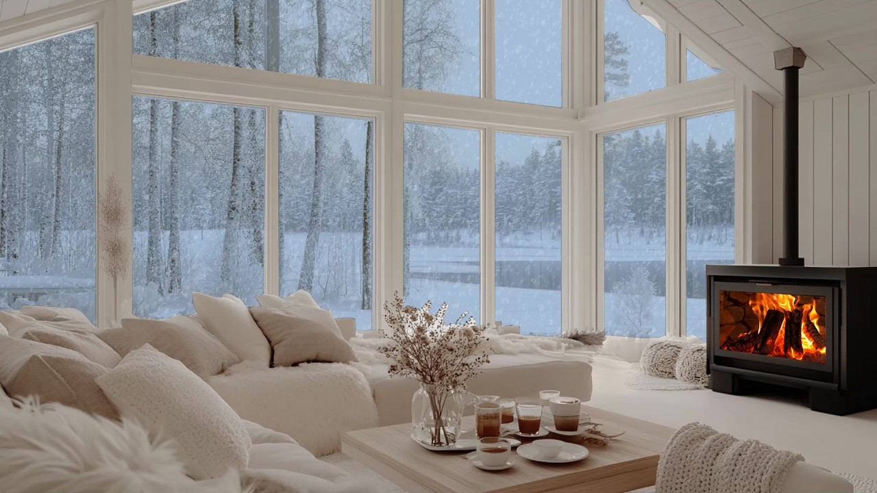 🧣🎶 Soft Cozy Winter Piano Lounge | Snow Outside, Fire Warmth & Flowers | Sleep Focus Calm