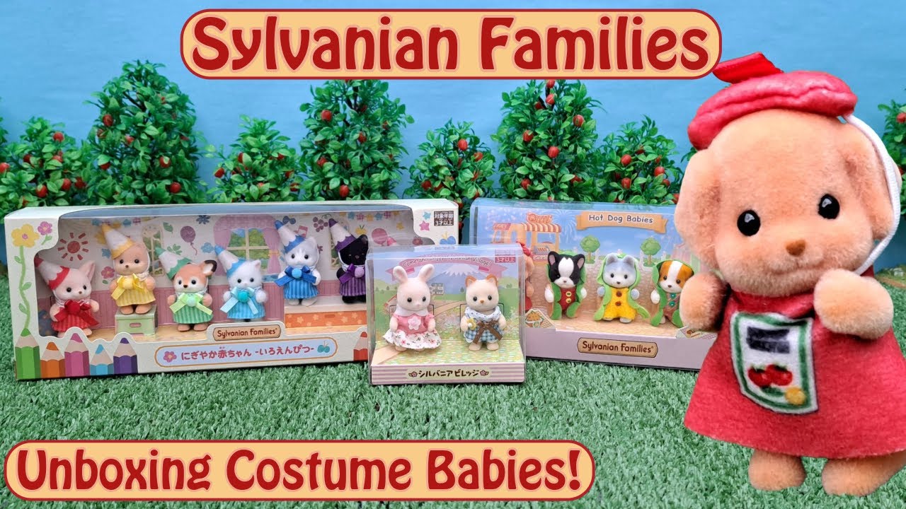 Unboxing Three Sylvanian Families Cute Costumed Baby Sets! Coloured Pencils, Hot Dogs & Grinpa Duo!
